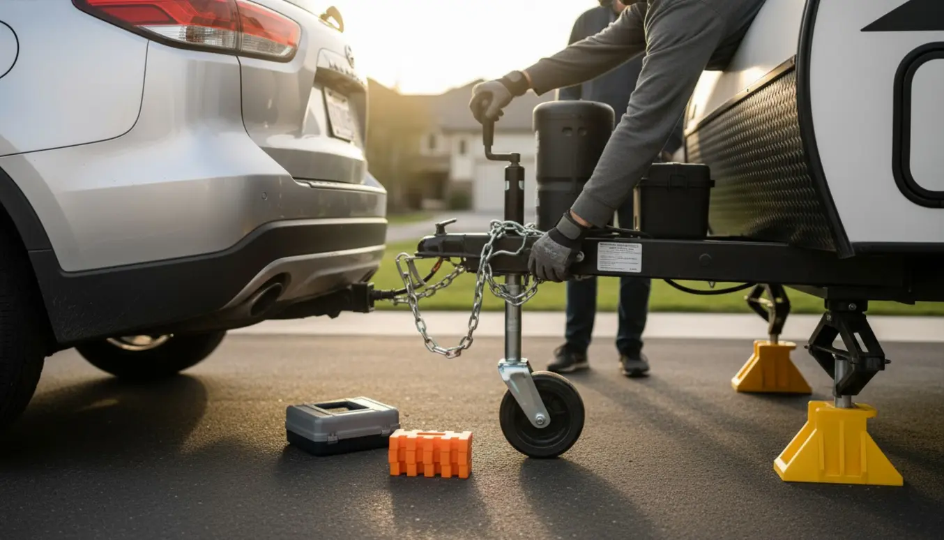 En hands-on scene med en campingvogn, anhængertræk, sikre kæder og hjulkiler ved tilkobling.