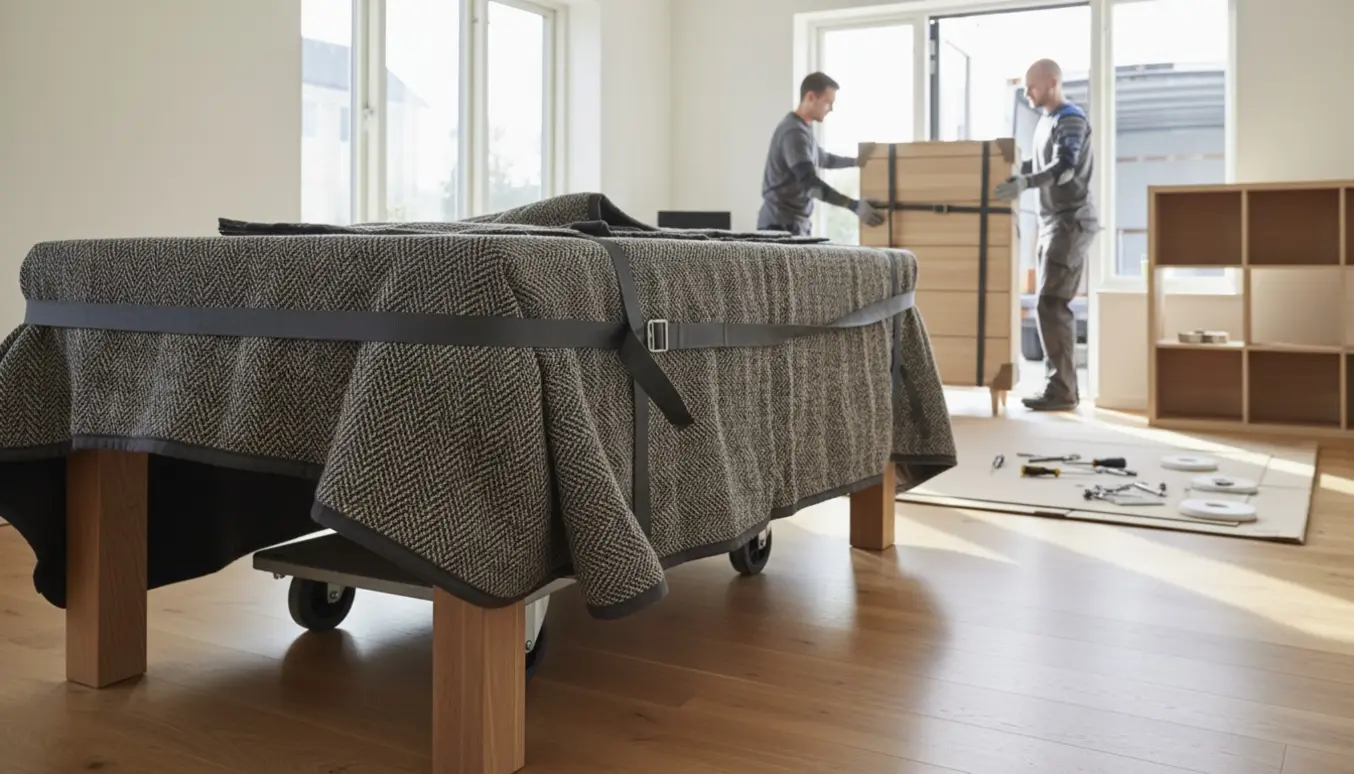 Tre store møbler (spisebord, kommode og reol) indpakket og ved at blive flyttet ud af en lejlighed til en åben flyttevogn.