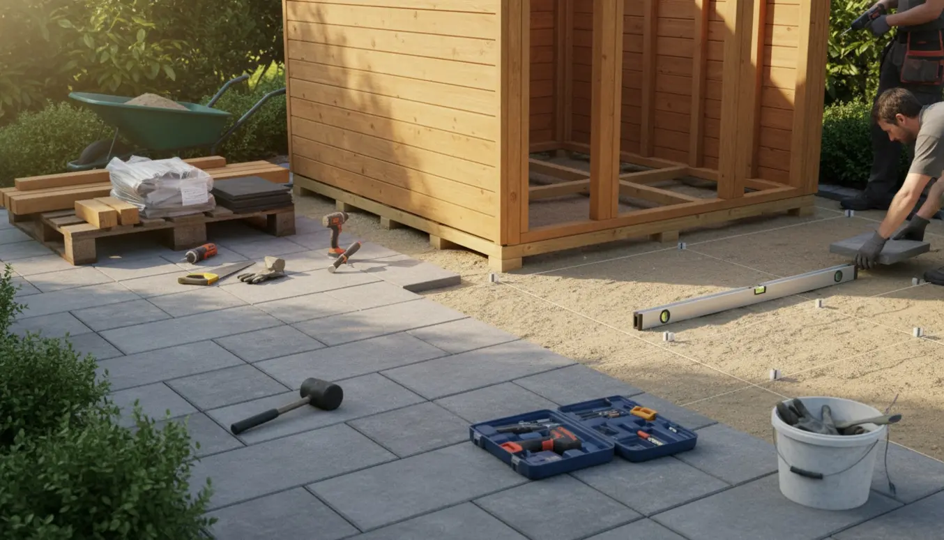 Delvist færdig terrasse med fliser og et haveskur under opbygning på et nyt fliseunderlag.