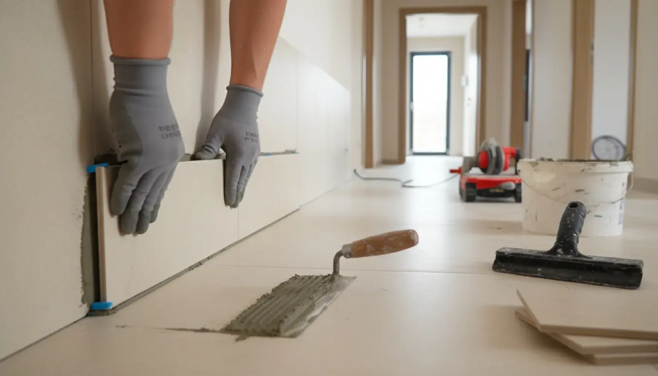 Hænder monterer flisefodpaneler lavet af afkortede gulvfliser langs en væg i et lyst, moderne rum.
