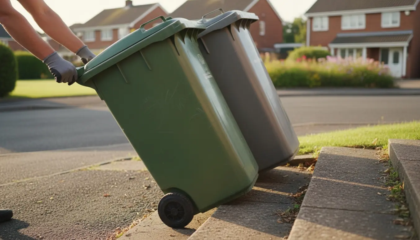 To affaldsspande løftes op ad to betontrin mod vejen foran et parcelhus.