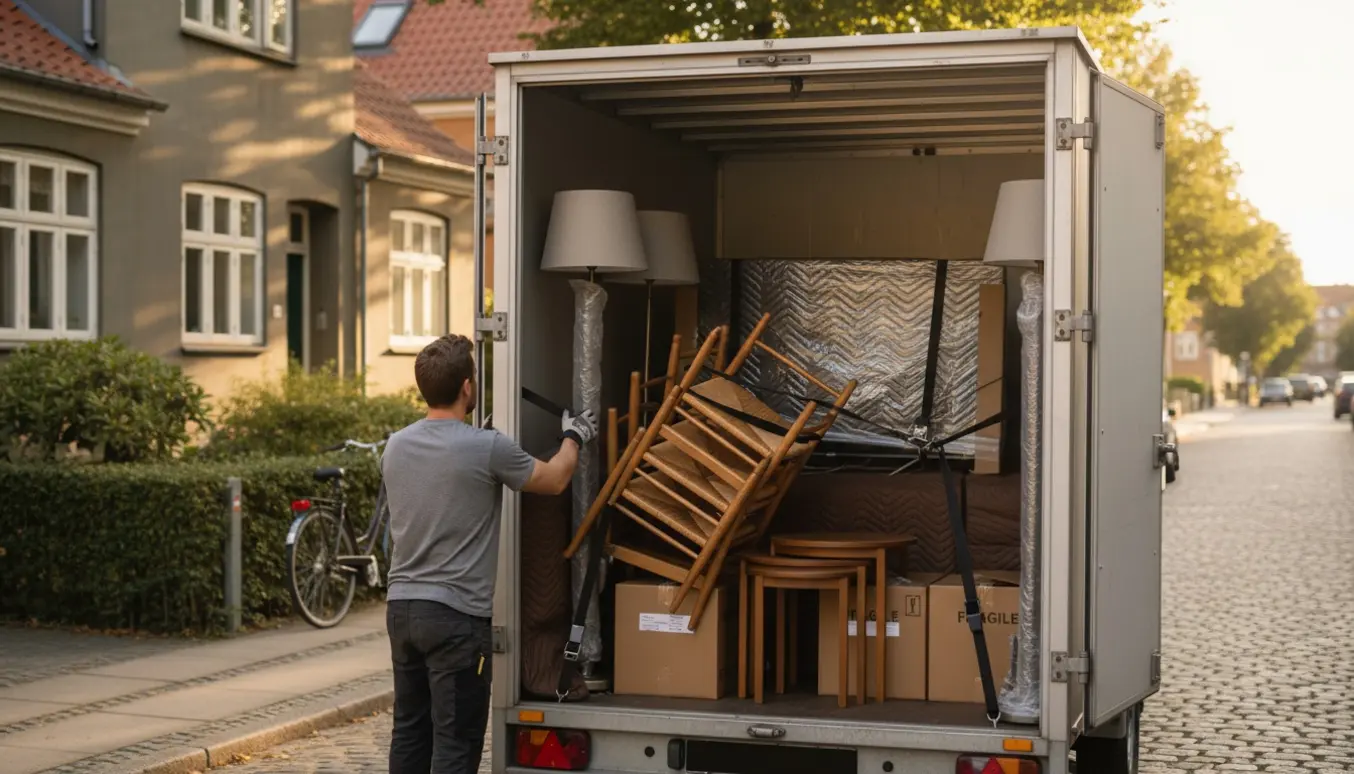 En person læsser stole, lamper og flyttekasser i en lukket trailer på fortovet foran en rolig villavej.