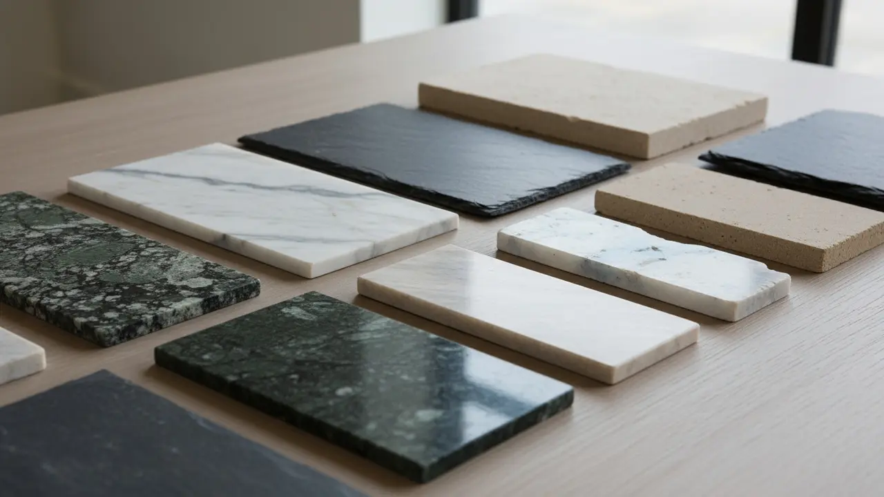 Forskellige natursten (marmor, granit, skifer, kvartsit) vist som prøver på et bord