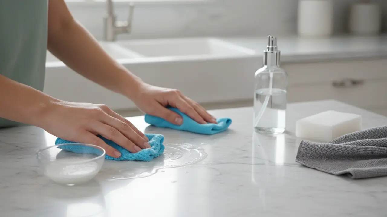 Rensning af marmor med blød klud og mild sæbeopløsning