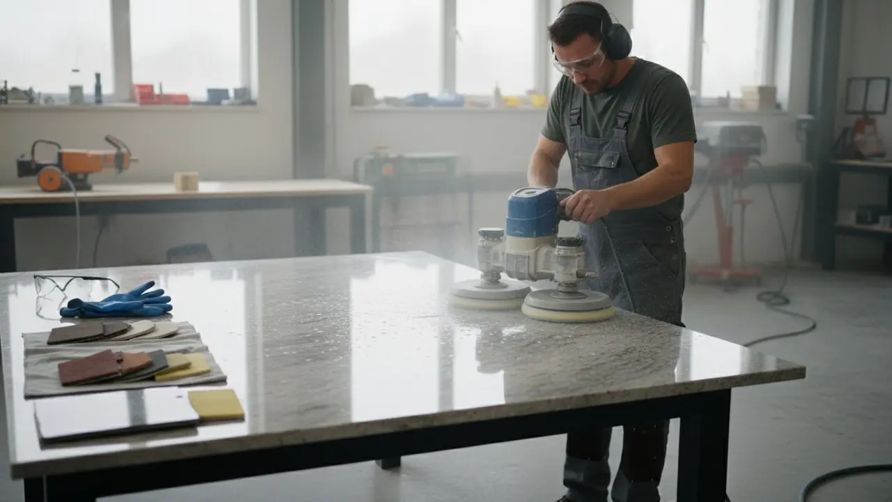 Professionel polerer naturstensgulv med roterende polermaskine og våd slibning