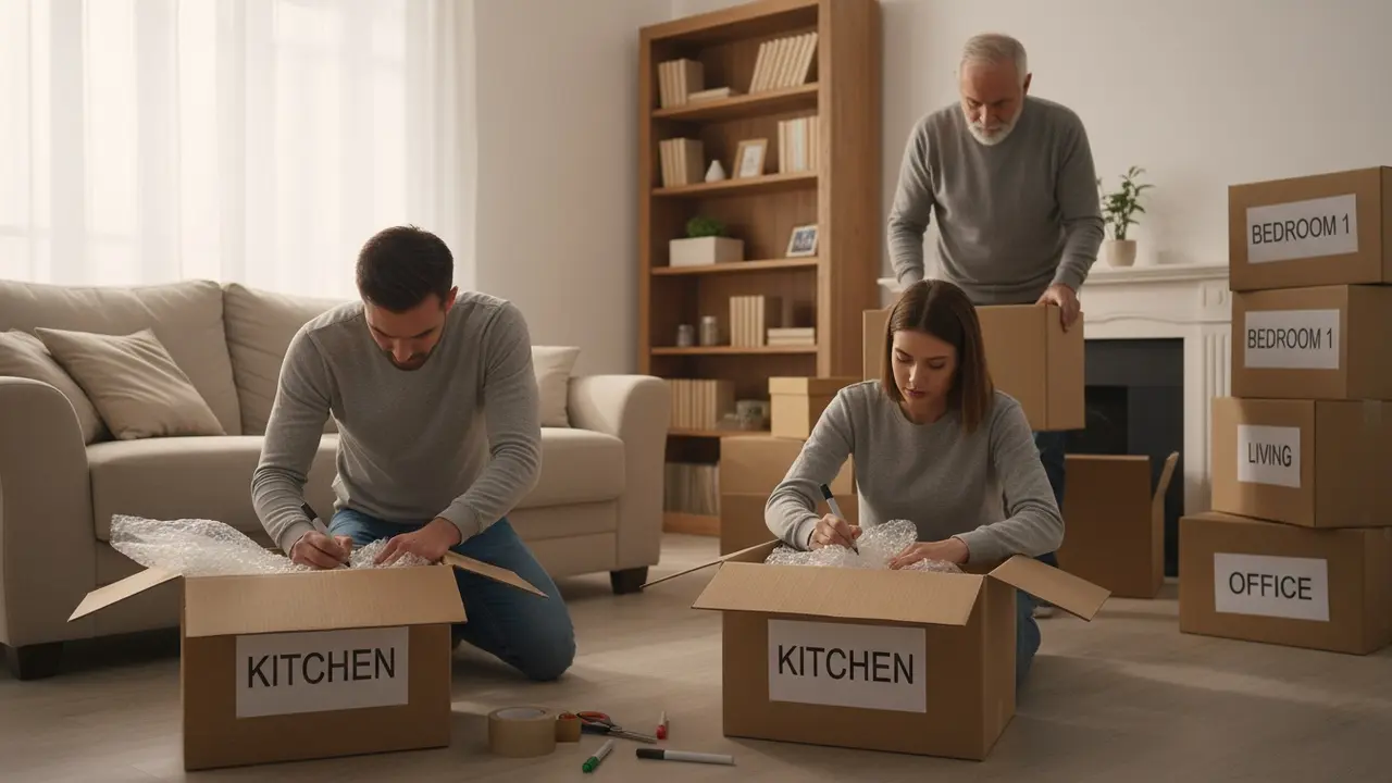Personer pakker og mærker flyttekasser i en stue med pakkematerialer.