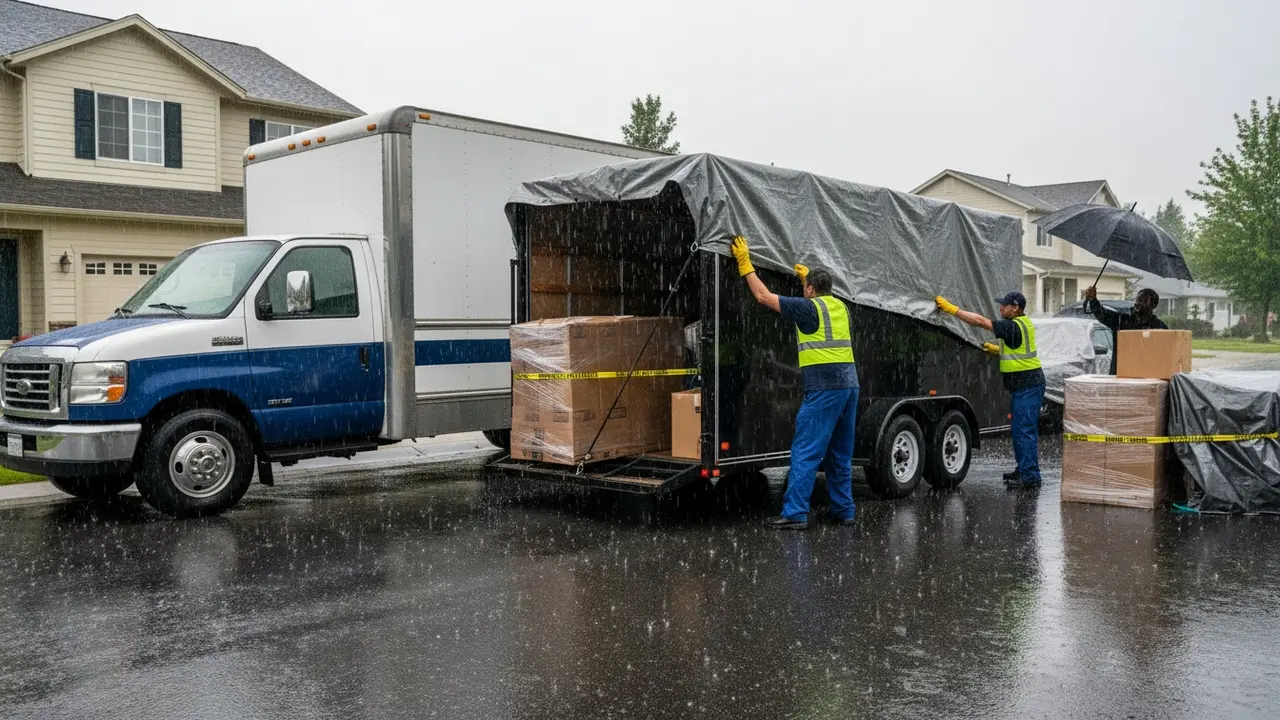 Flyttefolk dækker trailer med presenning på en regnvejrsdag for at beskytte flytning.