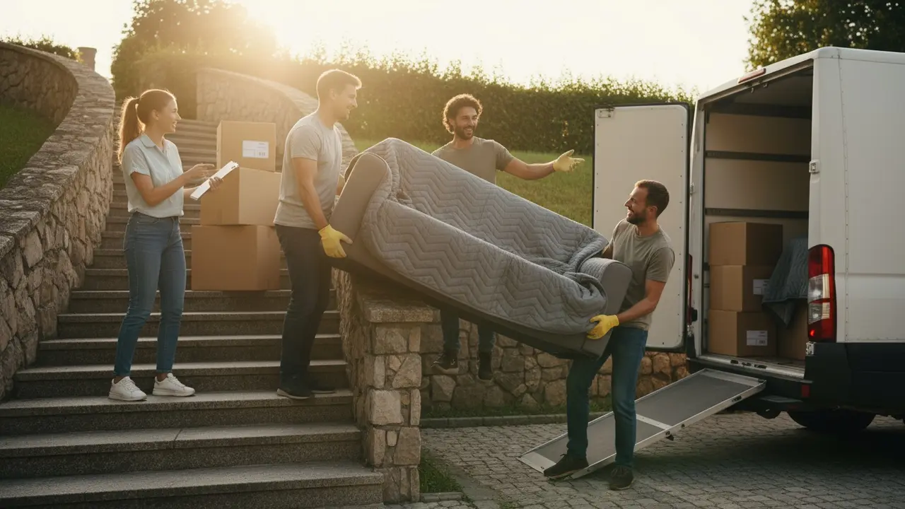 Venner og familie samarbejder om at bære sofa og organiserer flytning med tjekliste.