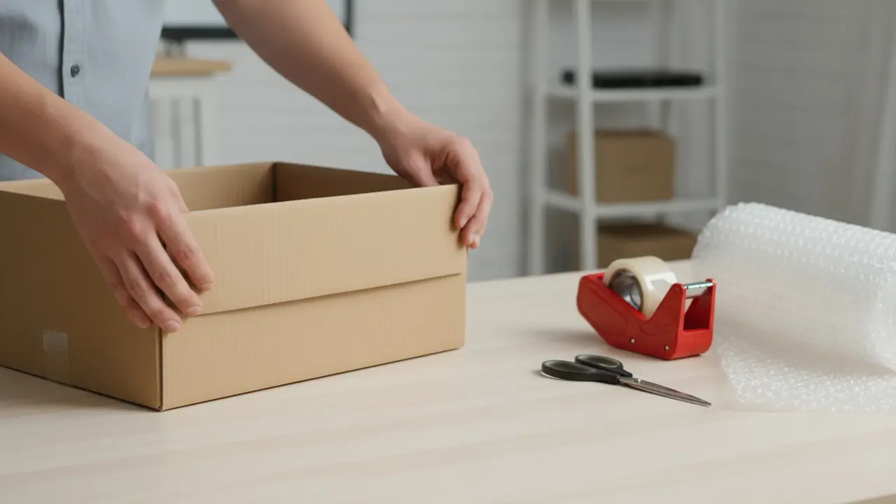 Nærbillede af hænder der samler og forstærker en flyttekasse med tape og inderslag.