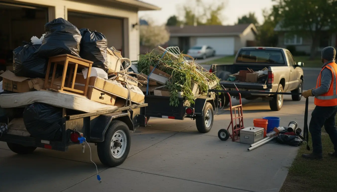 En pickup og to trailere fyldt med blandet affald på en indkørsel, med en person set bagfra, der spænder stropper.