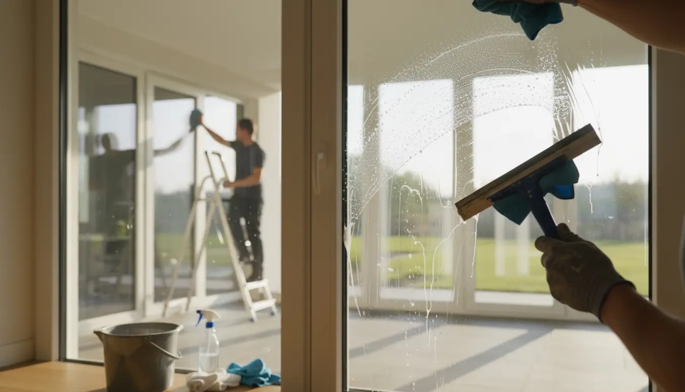 Person pudser en dobbeltdør indvendig med svaber og klud, mens en kollega pudser ydersiden set gennem klare ruder.