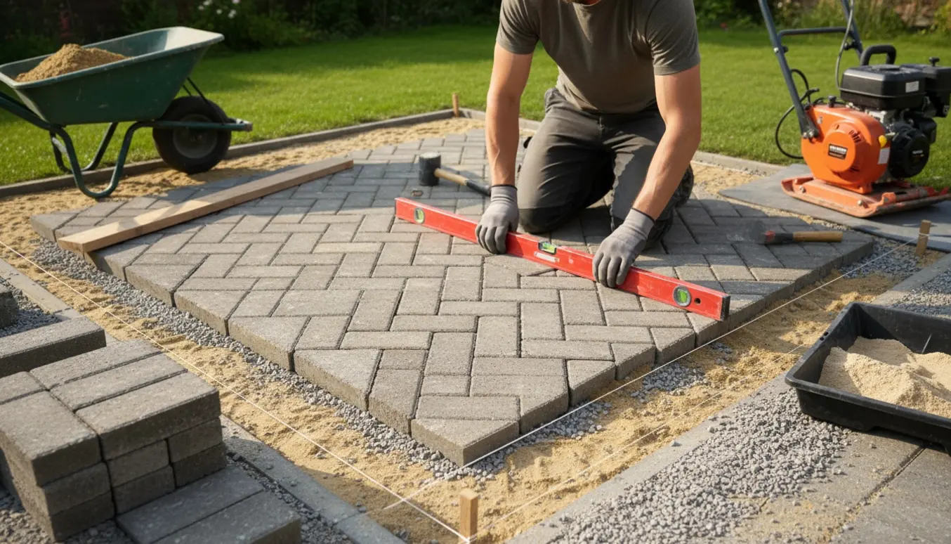 Udgravet terrasse hvor hænder lægger betonfliser i fiskebensmønster med værktøj og materialer omkring.