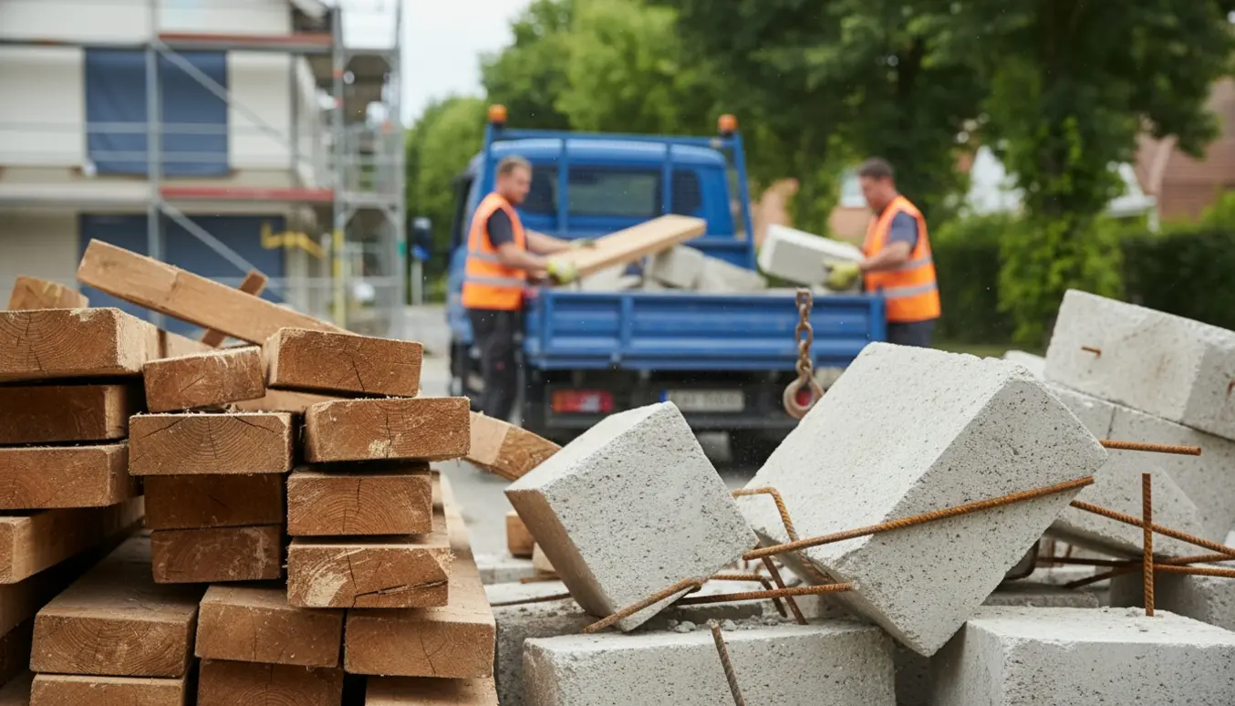 Lastning af byggeaffald med træ, gasbeton og armeret beton på en lastbil under blødt dagslys.