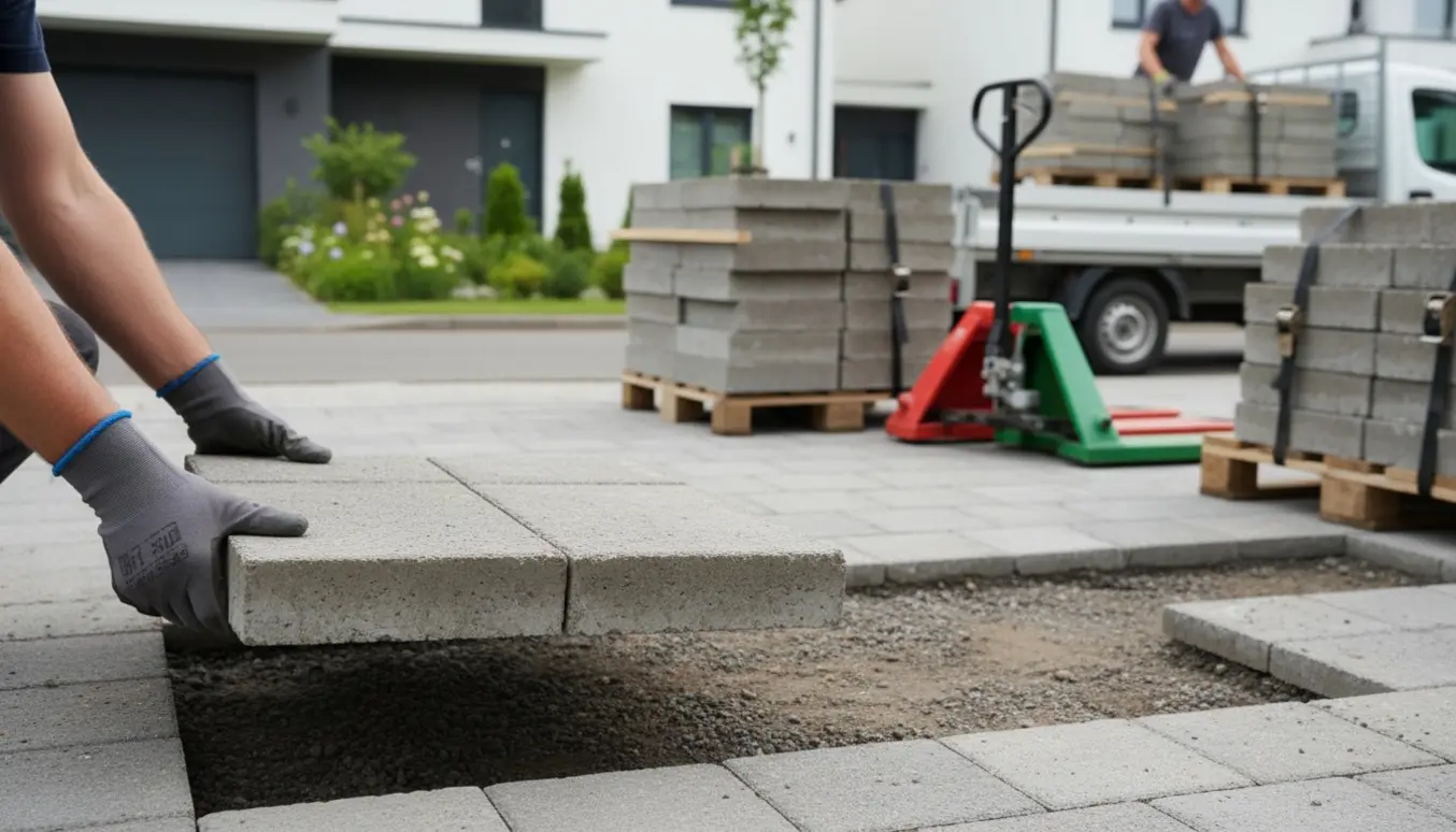 Betonfliser 60×60×8 cm stablet og læsset fra en delvist tømt indkørsel, klar til transport.