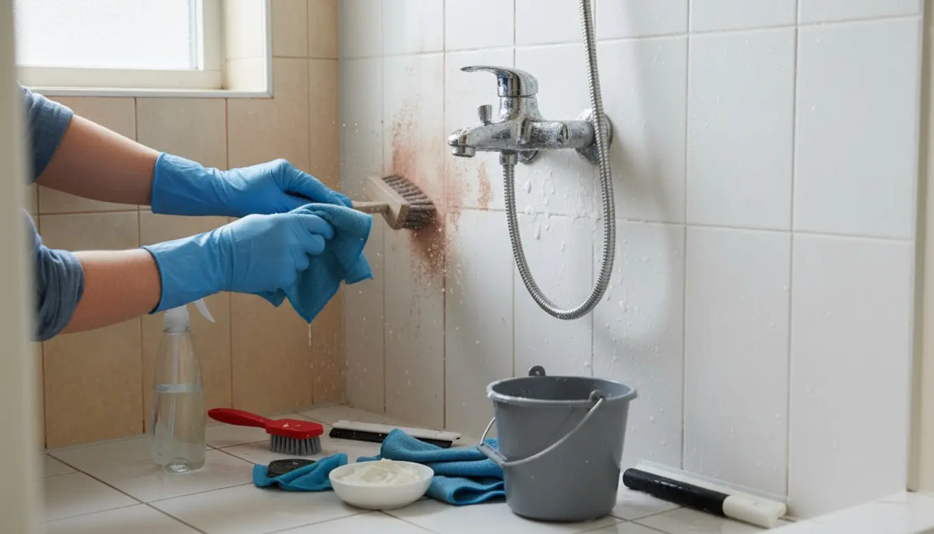 Hænder i gummihandsker afkalker fliser og skrubber fuger i en lille bruseniche med rengøringsmidler ved siden af.