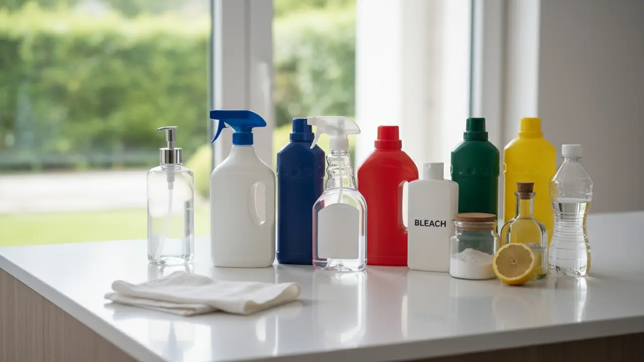 Forskellige rengøringsmidler og naturlige alternativer arrangeret på et køkkenbord