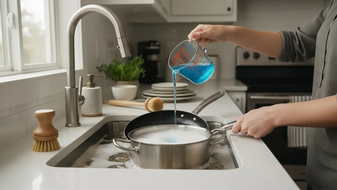 Hænder hælder opvaskemiddel i varmt sæbevand mens fedtige gryder ligger i blød