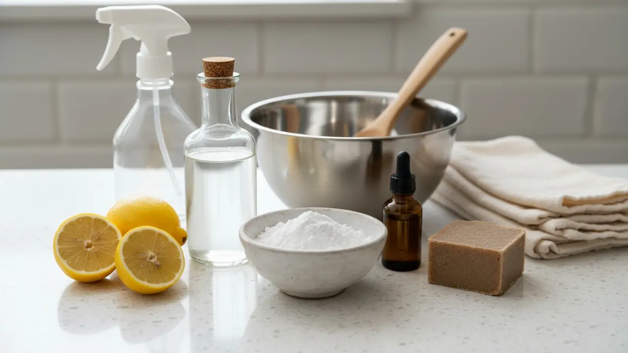 Naturlige rengøringsmidler som eddike, bagepulver, citron og brun sæbe sat op til blanding