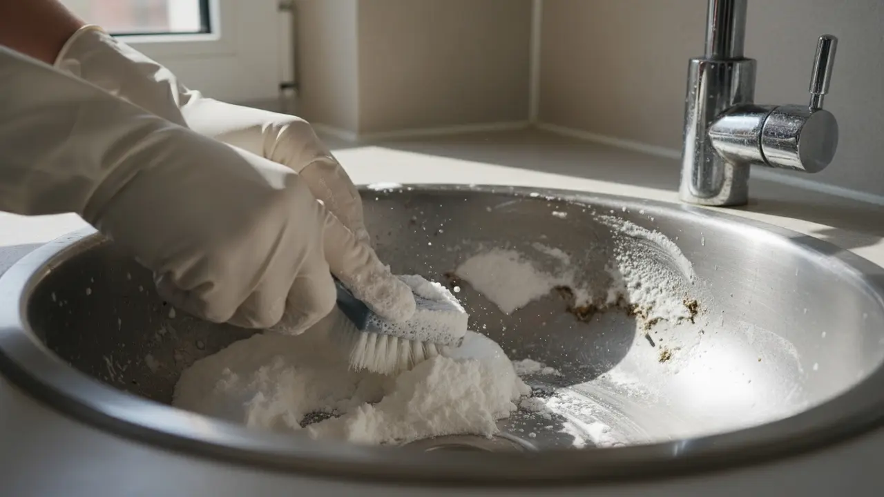 Påføring af bagepulverpasta på snavset overflade og skuring med børste