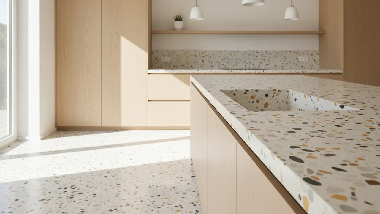 Solbelyst køkken med terrazzogulv og matching bordplade, tæt på overfladens struktur.