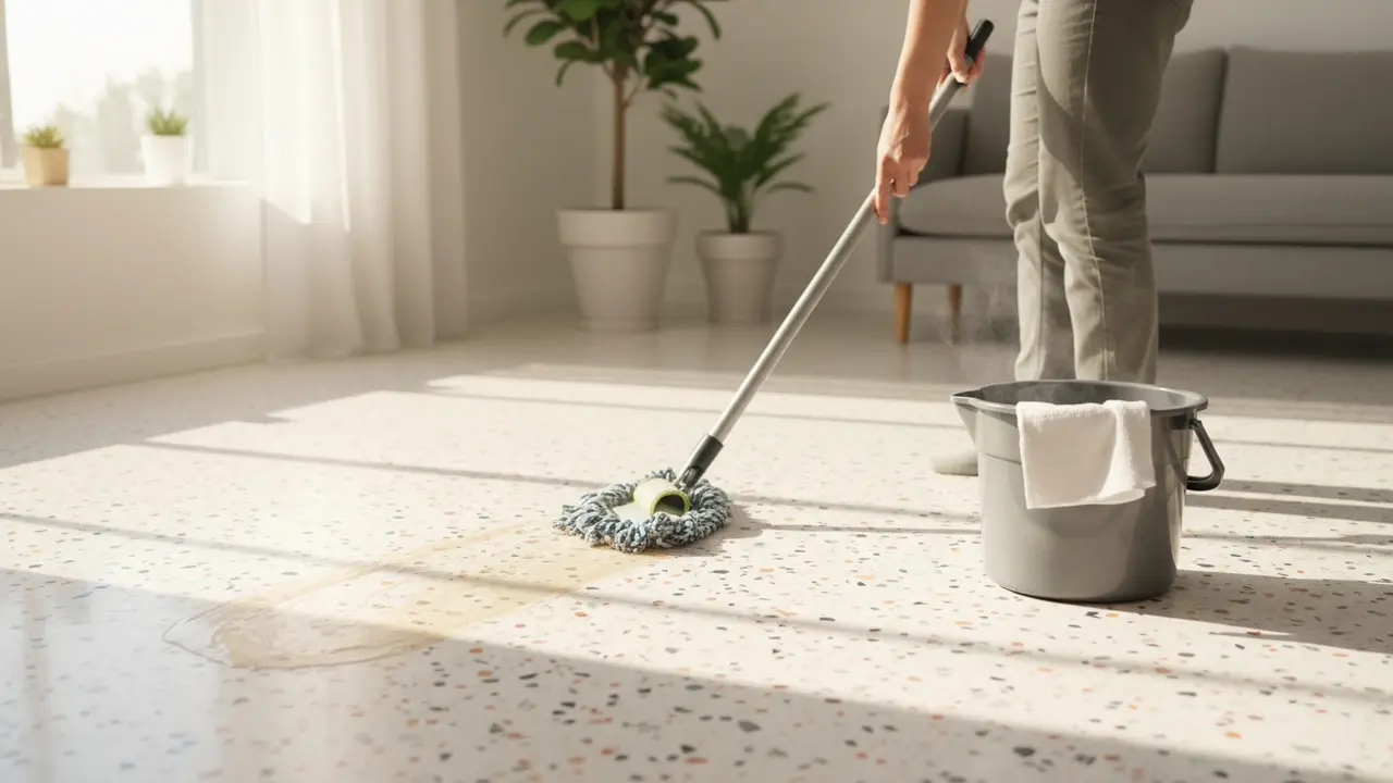 Hænder mopper forsigtigt et terrazzo gulv med en flad moppe og spand med varmt vand.