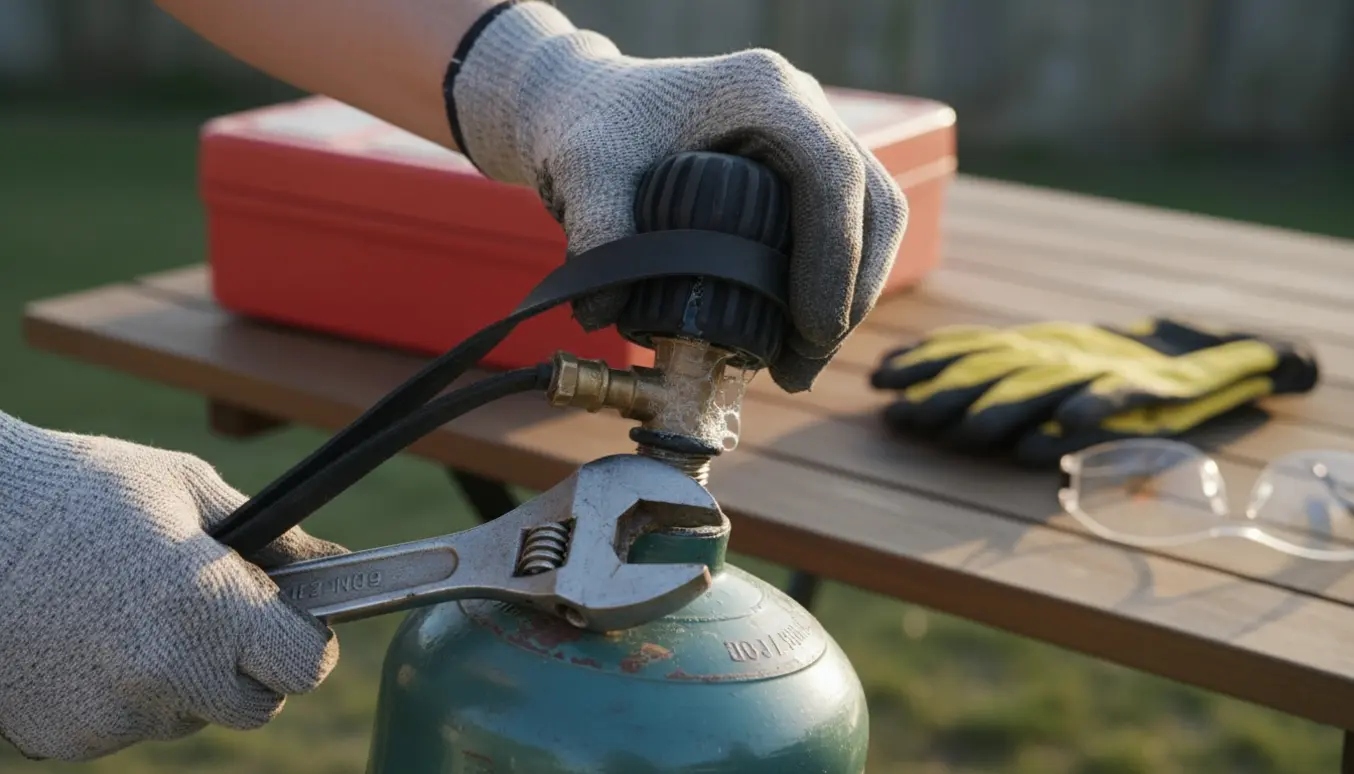 Nærbillede af handsker, der forsøger at løsne en fastgasflaske ved en grill med værktøj ved siden af.