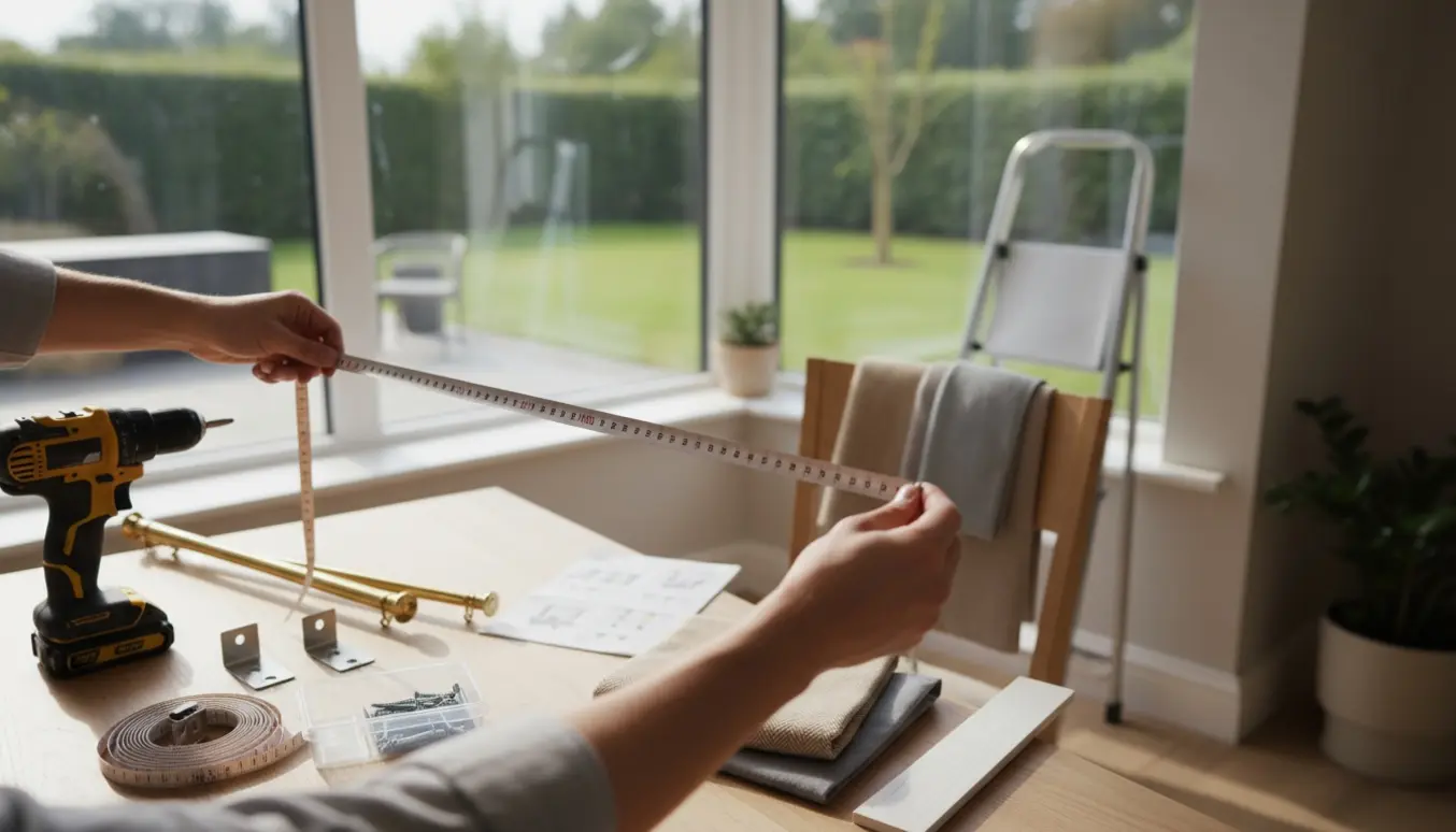 Nærbillede af måling og forberedelse til ophængning af gardiner og persienner ved et stort hjørnevindue.