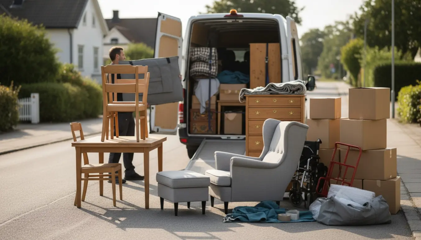 Åben flyttebil på en solrig villavej med kommoder, tv, spisebord med stole, lænestol med skammel, sammenklappelig kørestol og kasser ved rampen.