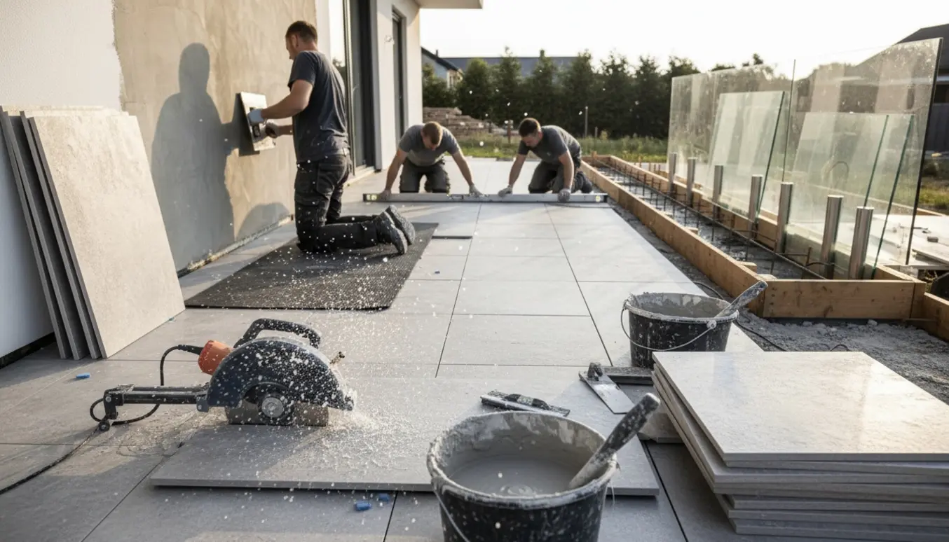 Ude-terrasse under renovering med fliselægning, vådskæring, epoxyfugning, vandskuring og støbt afløbsdræn samt glasværn.