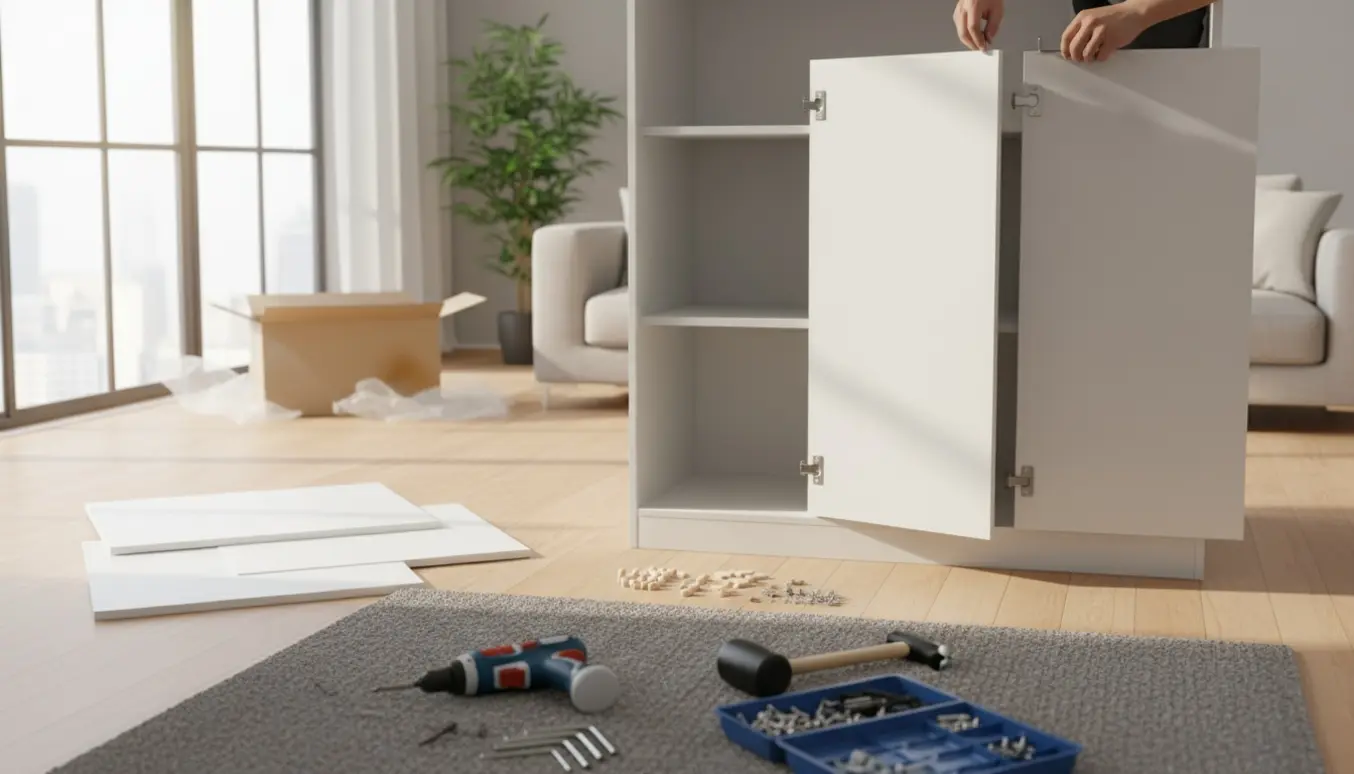 Delvist monteret hvidt tre-dørs garderobeskab i stuen med dele og værktøj spredt på gulvet.