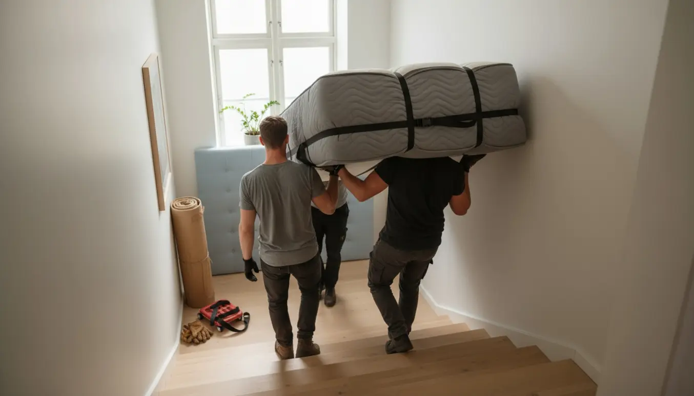 To hjælpere bærer en indpakket kontinentalmadras op ad en lys skandinavisk trappe, mens et sengegavl står på reposen.
