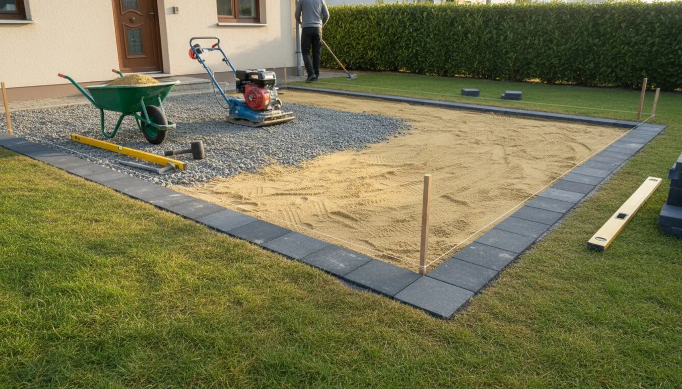 Indkørsel ved huset under udvidelse med 30x30 fliser, stabilgrus og flisesand med fald mod hækken.