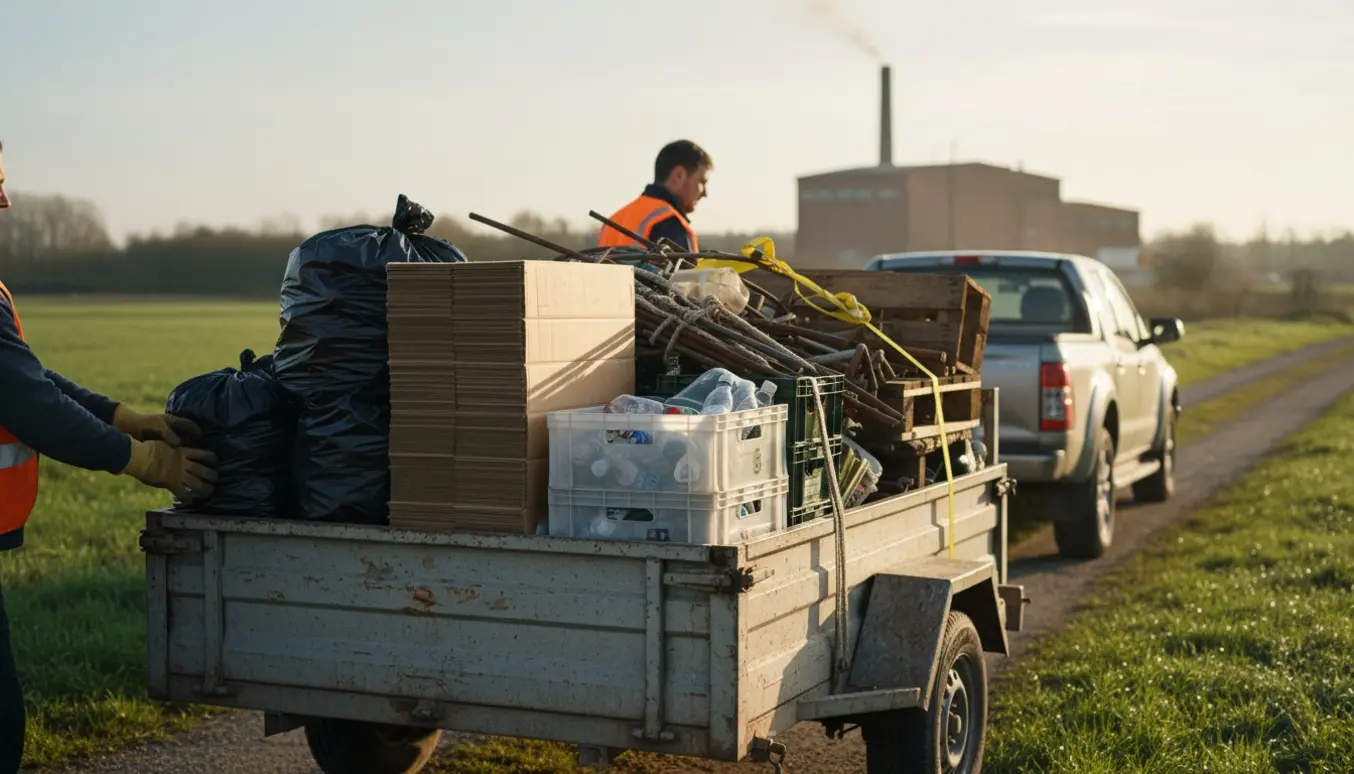 En trailer fyldt med sorteret affald ved en landevej, klar til kørsel mod forbrændingsanlægget.