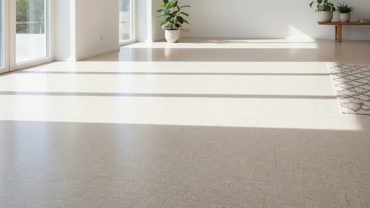 Ren linoleumsgulv i lyst skandinavisk rum med synlig tekstur og beskyttende finish