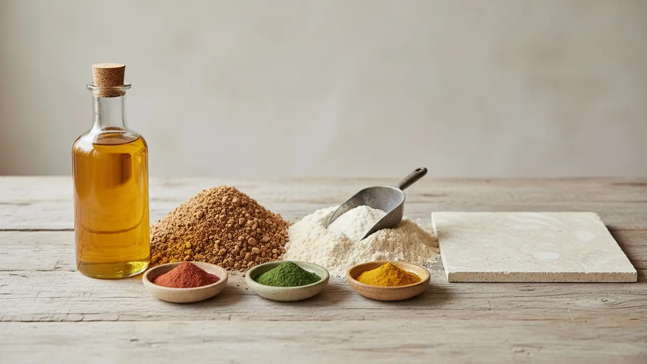 Råmaterialer til linoleum: linolie, korkmel, træmel og kalkstensmel ved siden af en prøve