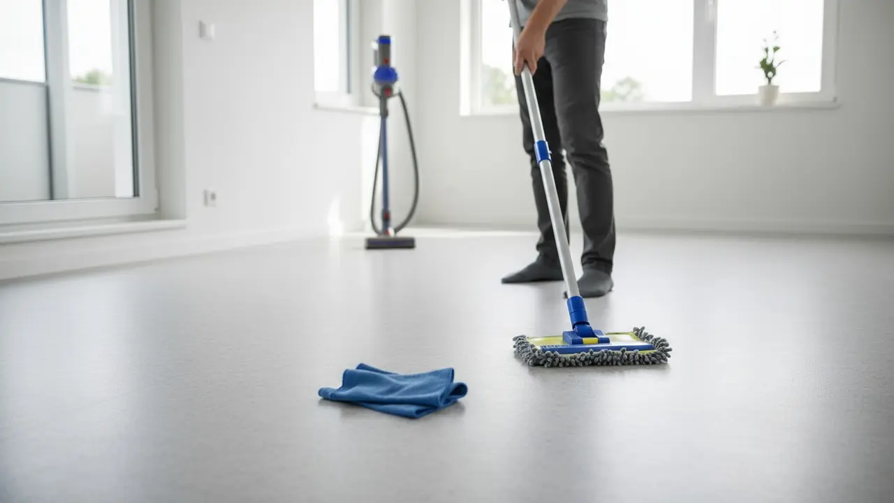 Person tørrer og støvsuger linoleumsgulv med mikrofibermoppe og trådløs støvsuger