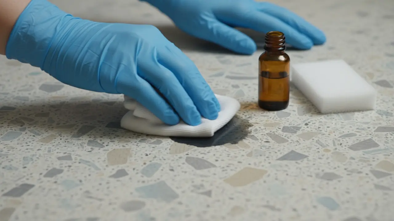 Nærbillede af pletbehandling på linoleum med klud, nylon-svamp og lille flaske ved siden af