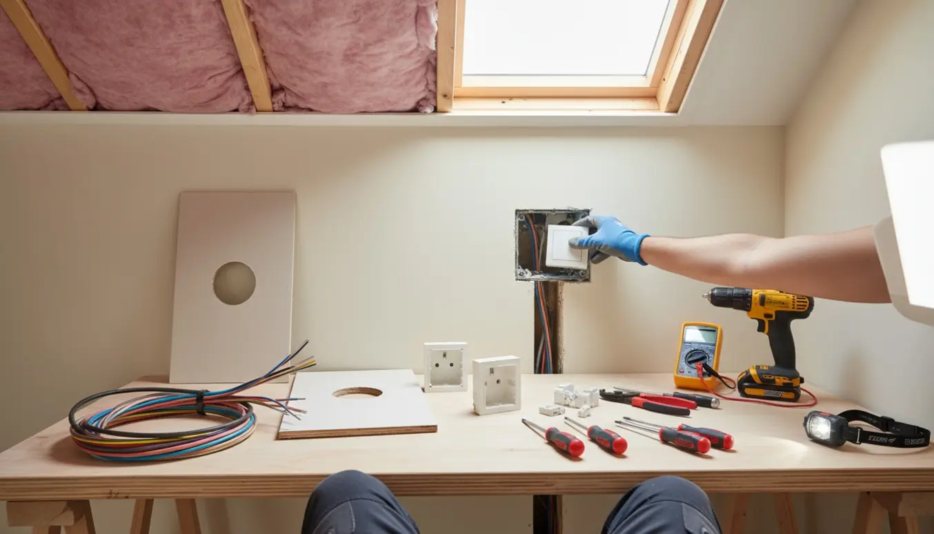 Elektriker i handsker monterer en jordet stikkontakt bag en ny inspektionslem med kabel og værktøj i nærheden.