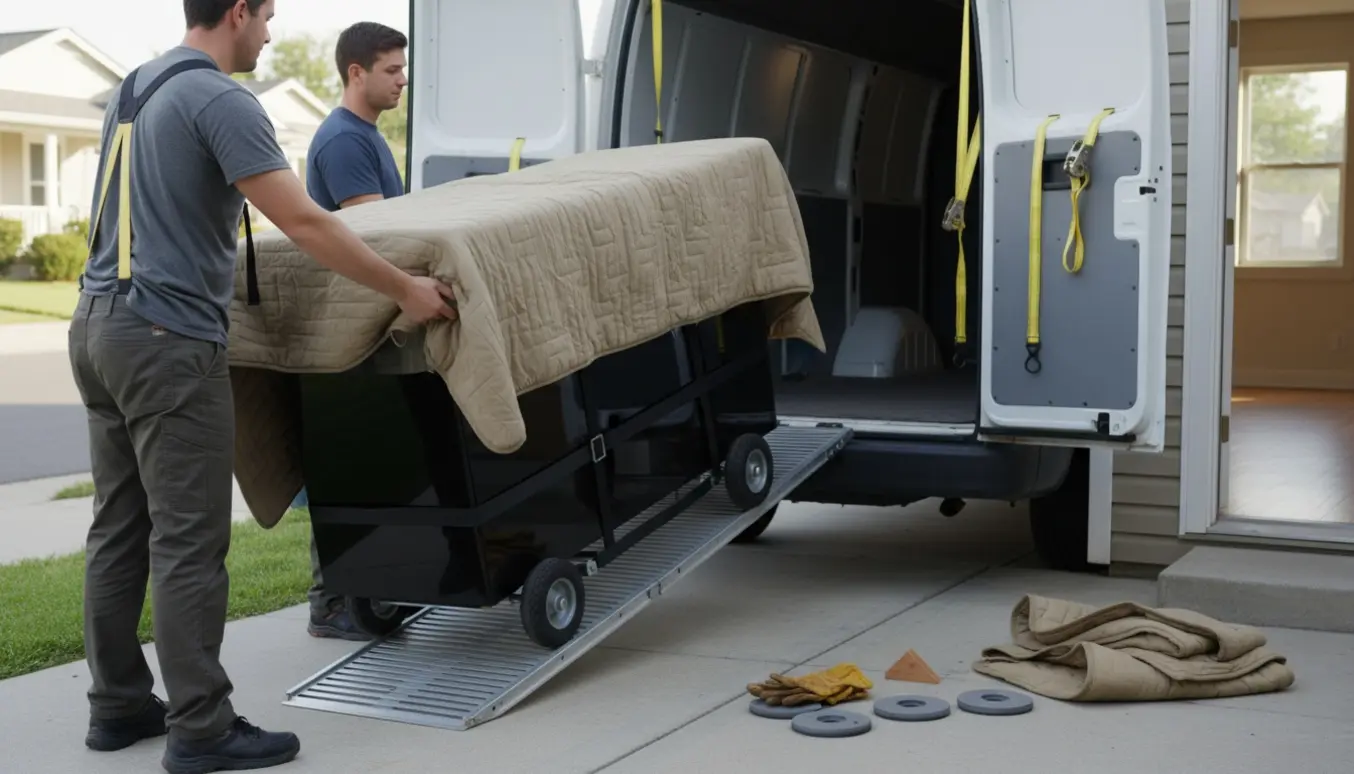 Et klaver indpakket i flyttetæpper rulles op ad en rampe og ind i en varevogn ved en stueetagelejlighed.