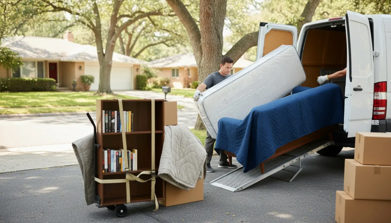 To hjælpere læsser sofa, seng og reol ind i en åben flyttebil med flyttetæpper og dolly i indkørslen.