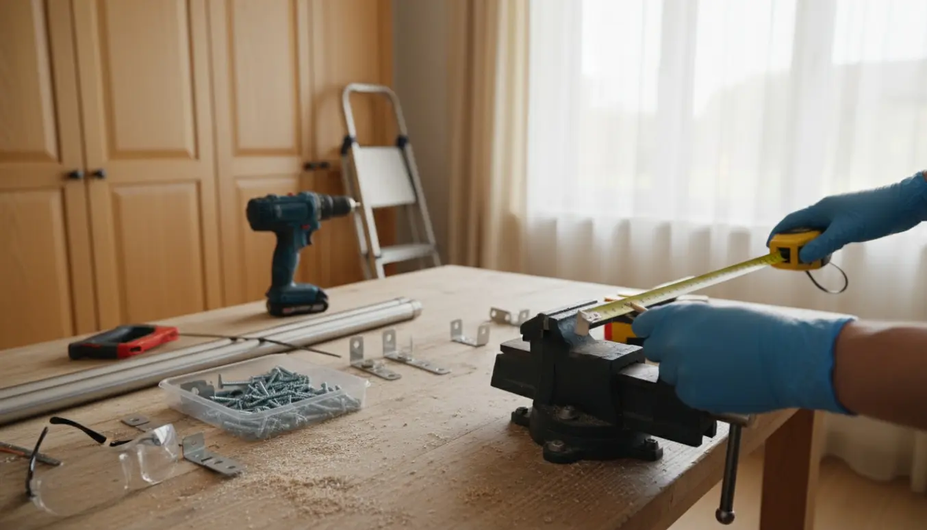 Hænder måler og markerer en gardinstang klar til at blive savet foran et langt skab.