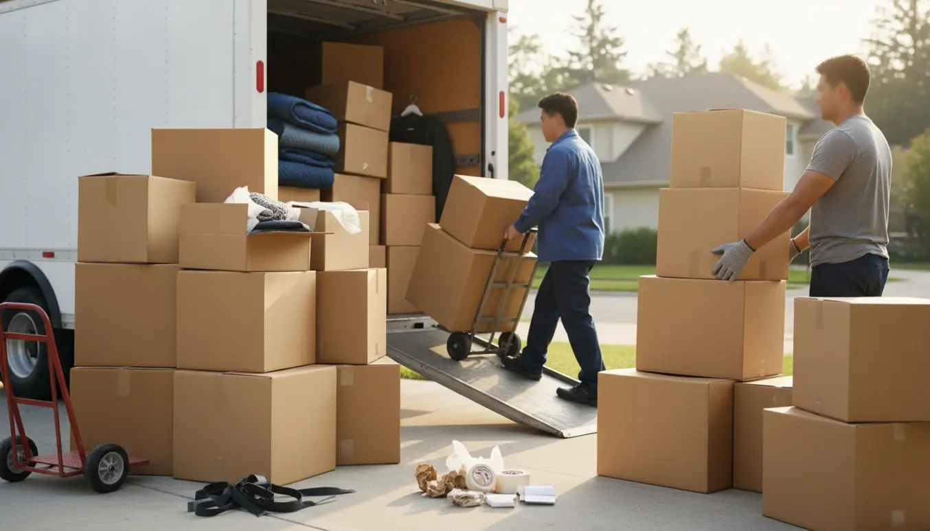 Flyttekasser bliver lastet i en åben varevogn af hjælpere med skjulte ansigter.