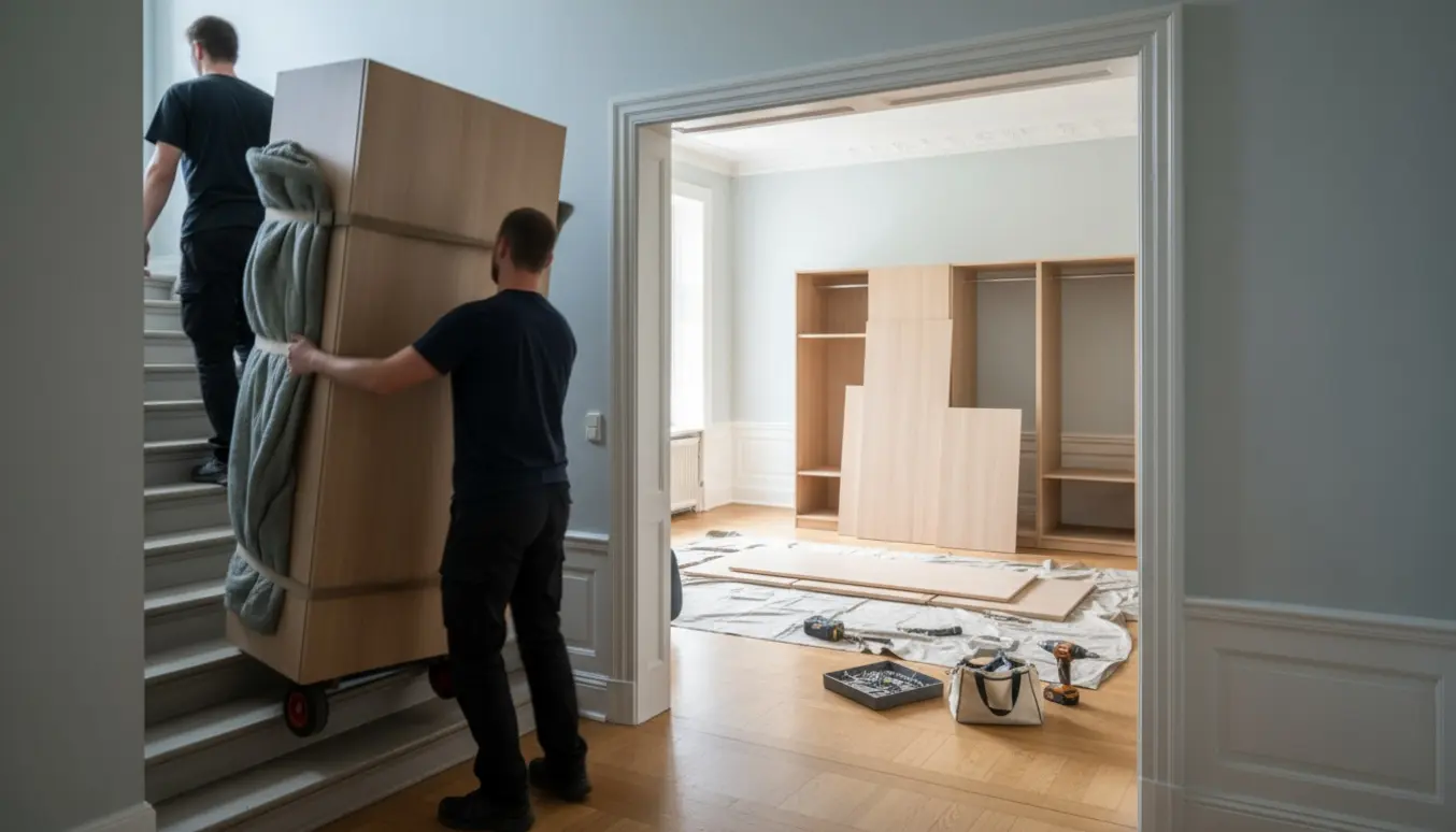 Delvist samlet klædeskab i en lys lejlighed med skillede paneler, værktøj og flyttetæpper klar.