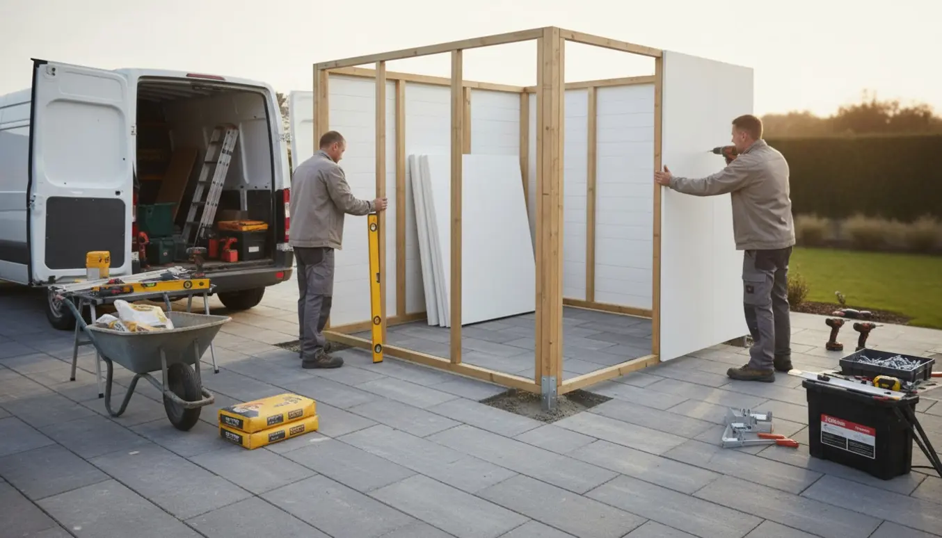 Installatører monterer et hvidt redskabsskur på eksisterende fliser med værktøj og materialer omkring.