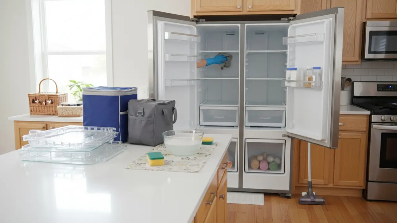 Åben køleskab med hylder ude, person i handsker tørrer indersiden med mikrofiberklud