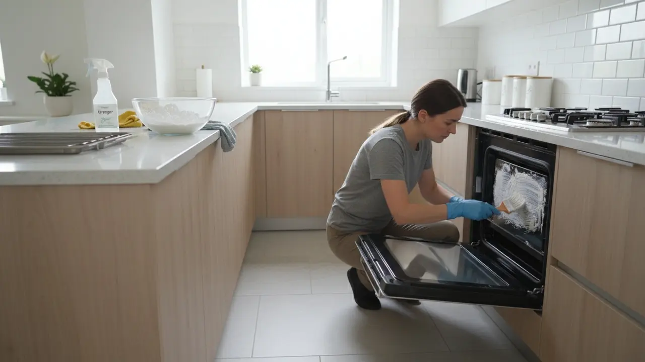 Ovn med riste fjernet, person påfører natronpasta indvendigt med børste