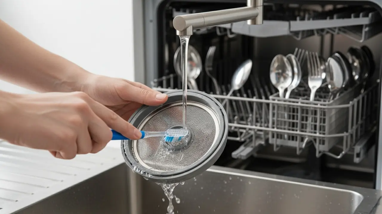 Person skyller opvaskemaskinens filter under vandhane og børster snavs af