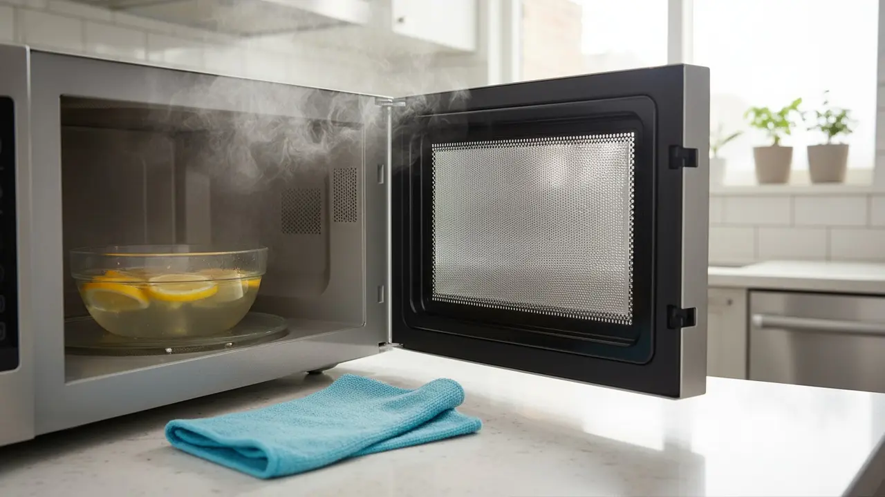 Mikroovn med skål med citronvand, damp danner kondens på indersiden