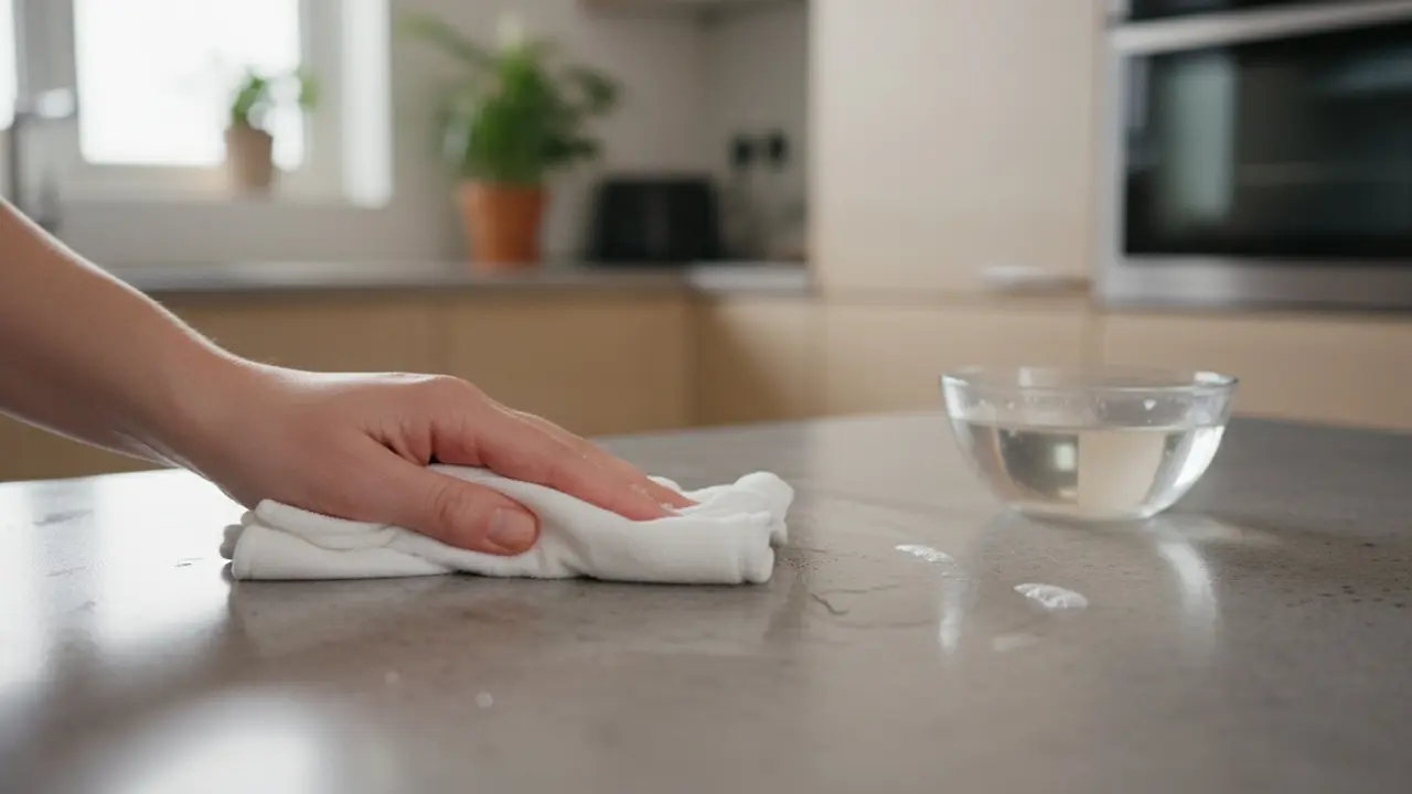 Hånd tørrer kompositbordplade med mikrofiberklud og skål med varmt vand