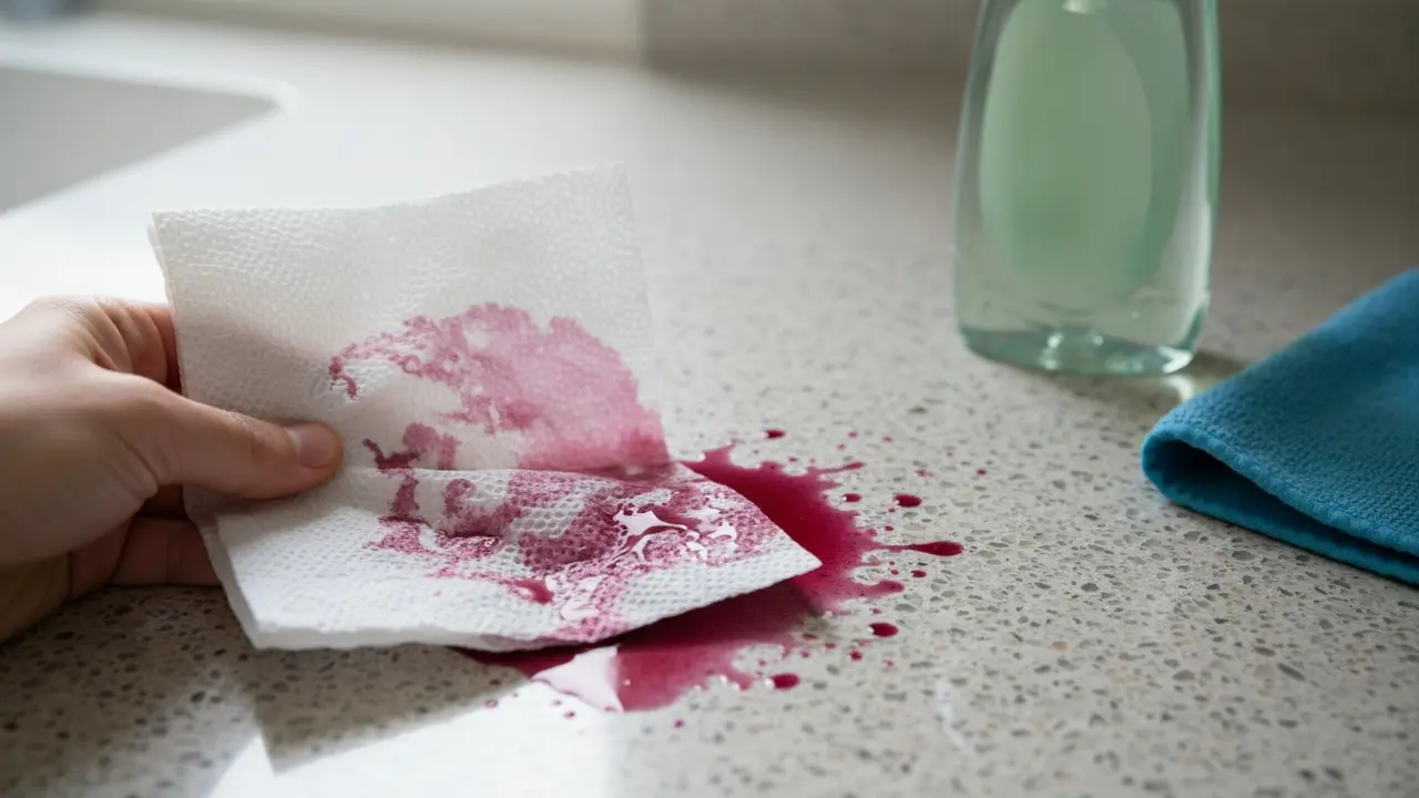 Køkkenrulle opsuger rødvinsplet på kompositbordplade tæt på